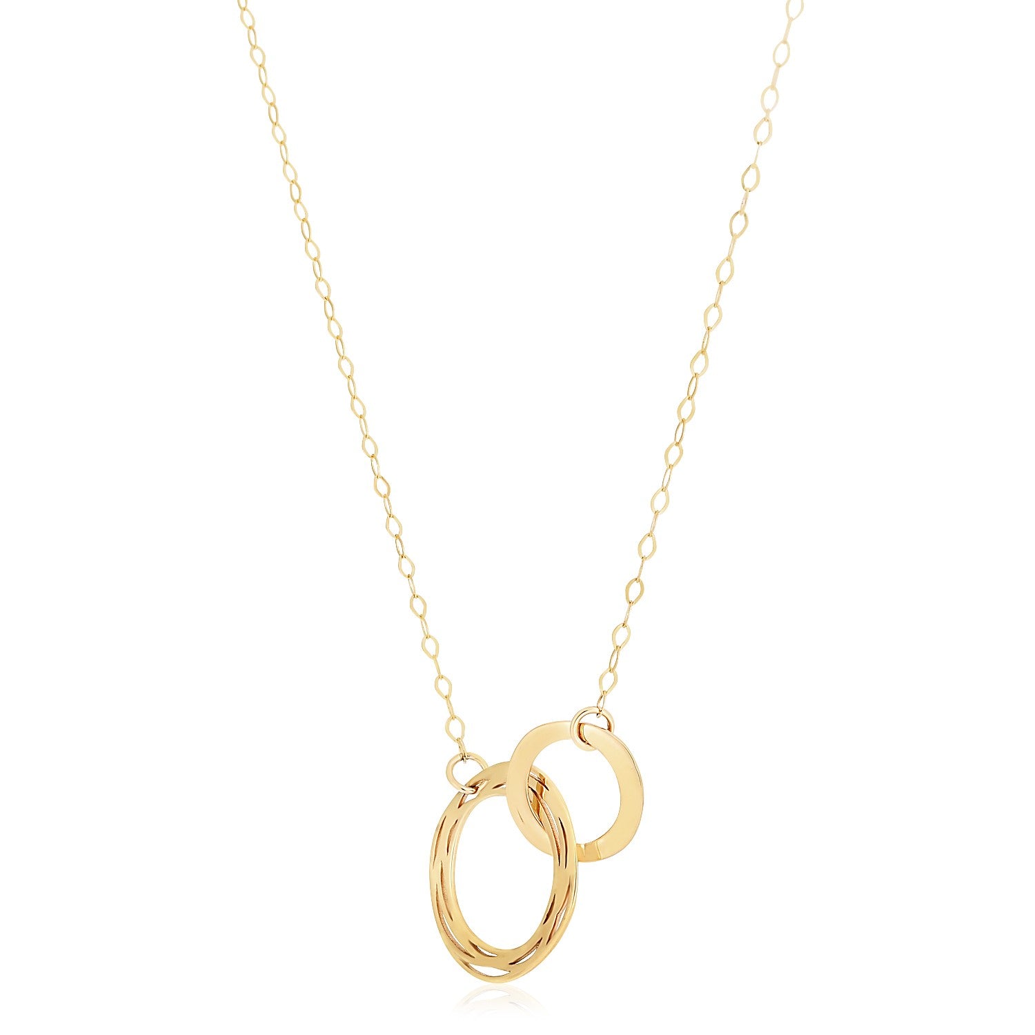 14k Yellow Gold High Polish Linked Double Circle Cutout Necklace in a sleek high-contrast midnight luxury editorial style